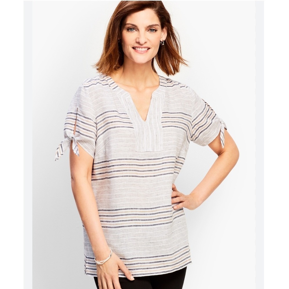 Talbots Linen Striped Tie Sleeve Tunic Top Woman Petites 1XP NWT 51931896